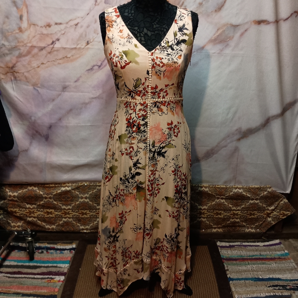 Sundance Floral Maxi Dress in Cream with Coral & Olive Accents